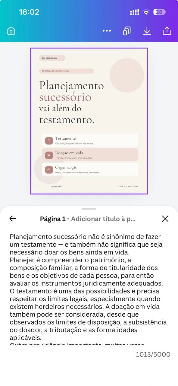 Captura real do Canva no celular: o template de planejamento sucessório aparece acima da área de notas, que contém a legenda correspondente. O texto continua além da área visível.