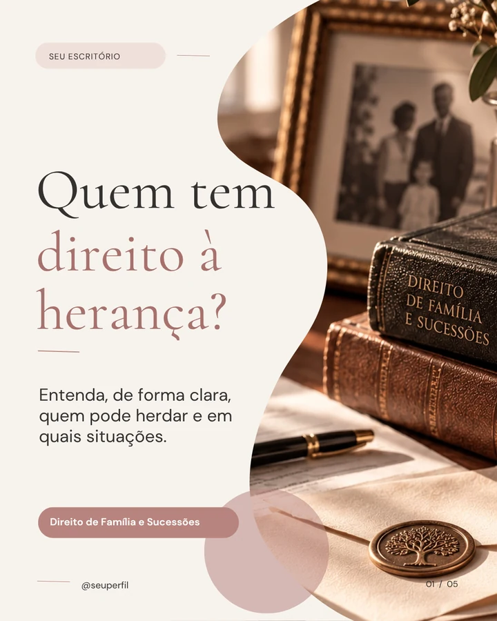 Template do pack com o título Quem tem direito à herança?, em tons claros, com fotografia de livros jurídicos e retrato de família.