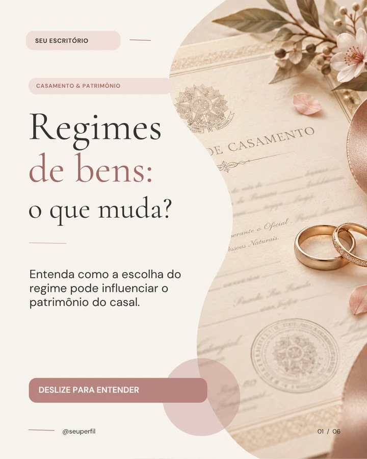 Template real: Regimes de bens, o que muda?, com fotografia de certidão e alianças.